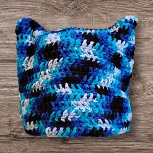 Handmade Blue and Black Crochet Cat Beanie